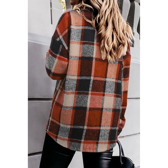 Women Orange Collared V Neck Button Down Oversized Long Sleeve Shirt Top - Picture 2 of 4